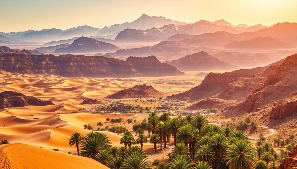 Vast desert landscapes stretching towards the horizon, dotted with towering sand dunes that shimmer under the warm, golden sun. In the middle ground, lush oases with palm trees sway gently, their verdant fronds casting soft shadows. Majestic snow-capped peaks rise in the distance, their jagged silhouettes contrasted against a vibrant azure sky. Winding mountain roads meander through rugged canyons, revealing hidden waterfalls and ancient Berber villages. This is the diverse and captivating scenery of Morocco, a tapestry of natural wonders waiting to be explored.