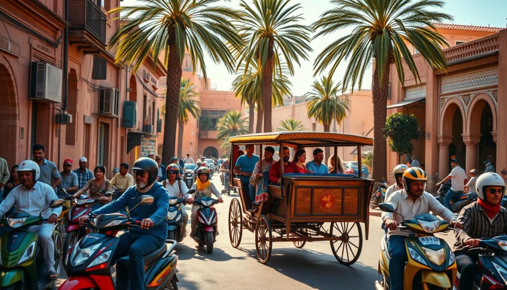 Vibrant Moroccan cityscape, bustling with a diverse array of transportation options. In the foreground, a group of locals riding colorful mopeds and motorbikes, weaving through the narrow, sun-drenched streets. In the middle ground, a traditional horse-drawn carriage carrying tourists, its intricate woodwork and vibrant fabrics catching the warm light. In the background, towering palm trees and the iconic architecture of Moroccan buildings, with their ornate tile work and vibrant colors. The scene is bathed in a warm, golden glow, creating a sense of energy and exploration. Realistic lighting and depth of field, captured with a wide-angle lens to emphasize the dynamic, immersive nature of this Moroccan transportation experience.