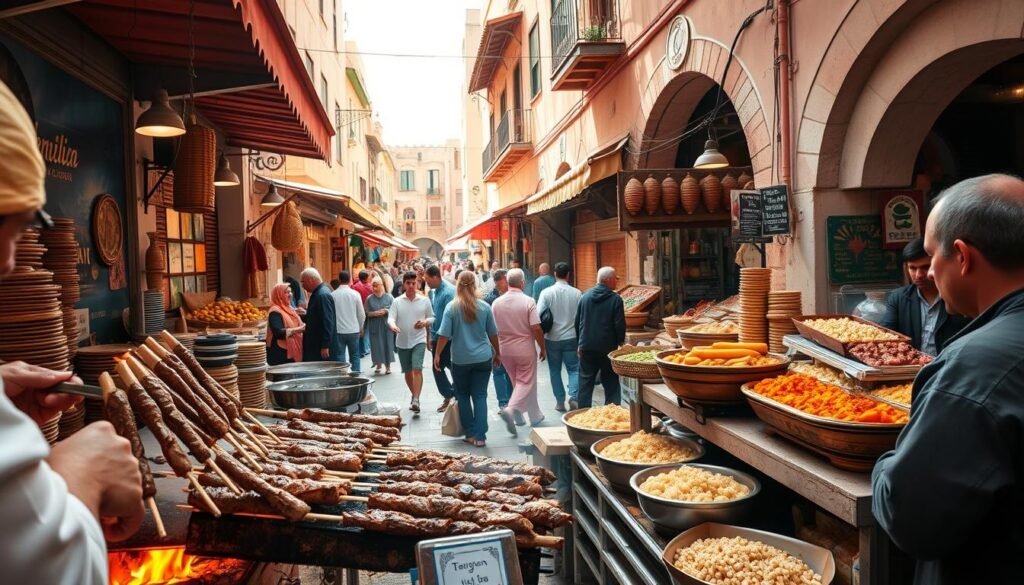 Vibrant Moroccan street food experience: A bustling open-air market, awash in the enticing aromas of sizzling meats, spices, and freshly baked breads. In the foreground, a vendor grills skewers of tender lamb over an open flame, while a display of colorful, freshly prepared tagines and couscous dishes tempt passersby. The middle ground features a lively crowd of locals and visitors alike, navigating the narrow, winding alleys lined with stalls overflowing with an array of exotic fruits, vegetables, and handcrafted wares. In the background, the sun-dappled facades of traditional Moroccan architecture provide a stunning backdrop, evoking a timeless and immersive atmosphere. Shot with a wide-angle lens, the scene captures the energy, vibrancy, and mouthwatering delights of this quintessential Moroccan culinary experience.