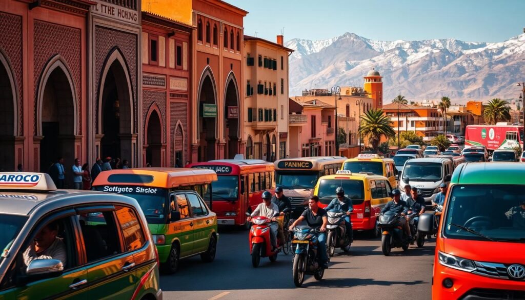 Vibrant transportation options in Morocco: a bustling city street with a colorful array of traditional taxis, modern buses, and iconic motorcycle-drawn carts. In the foreground, a group of locals and tourists navigate the bustling scene, with the sun casting warm, golden light across the scene. In the middle ground, the iconic architecture of Moroccan buildings, with their intricate tilework and arched doorways, create a picturesque backdrop. The background features the majestic Atlas Mountains, their snow-capped peaks adding a sense of grandeur to the composition. The overall mood is one of energy and cultural richness, capturing the essence of transportation in this captivating North African country.