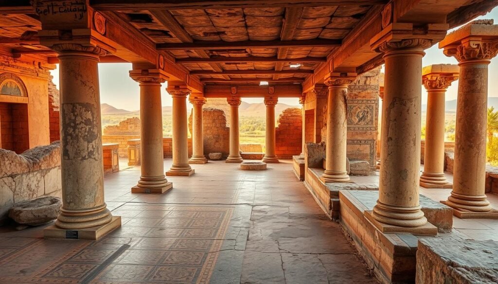 Volubilis ancient Roman ruins, a sprawling archaeological site in the hills of Morocco. Capture the grandeur of the crumbling columns, intricate mosaics, and weathered stone structures bathed in warm, golden light. Showcase the intricate patterns and vibrant colors of the mosaics decorating the floors and walls, transporting the viewer to the opulence of the Roman empire. Compose the scene with a sense of depth, highlighting the layers of history and the majestic scale of the ruins against a backdrop of distant rolling hills. Convey a sense of timeless wonder and the enchantment of discovering this well-preserved relic of the past.
