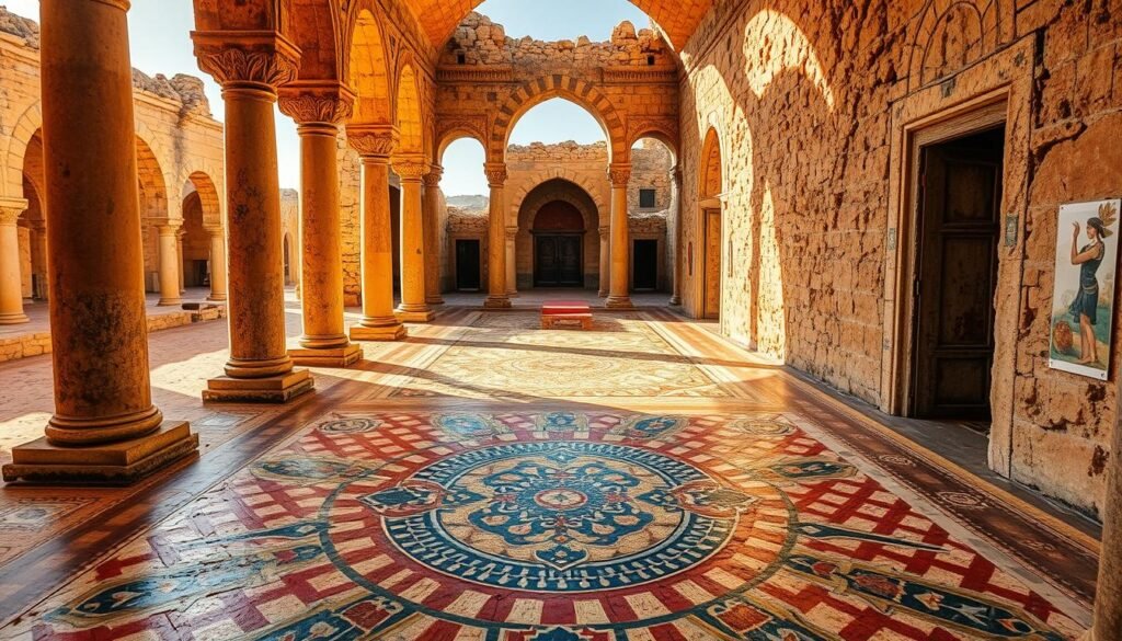 Volubilis mosaics, a mesmerizing tapestry of ancient Roman art and culture, adorning the floors of a magnificent archaeological site in imperial Morocco. Capture the intricate geometric patterns, vibrant colors, and the timeless beauty of these well-preserved masterpieces, illuminated by warm, golden sunlight filtering through the ruins. Depict the mosaics in their natural setting, amidst the crumbling columns and archways, conveying a sense of reverence and wonder. Utilize a wide-angle lens to showcase the grandeur of the site, while maintaining a sharp focus on the exquisite details of the mosaics. Imbue the scene with a sense of tranquility and contemplation, inviting the viewer to step back in time and immerse themselves in the rich cultural heritage of this ancient Roman city.