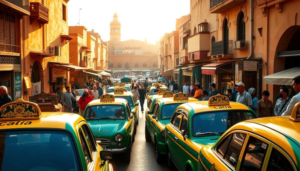 a bustling street scene in Marrakech, Morocco, with a foreground of traditional green and yellow taxi cabs waiting for passengers, their colorful designs and ornate details reflecting the vibrant local culture. In the middle ground, a crowd of pedestrians and local merchants navigate the lively market, while towering adobe buildings with intricate architectural elements line the narrow streets in the background. Warm, golden sunlight filters through, casting a soft, inviting glow over the dynamic urban landscape. The scene conveys the energy and character of Moroccan city life, highlighting the essential role of taxis in facilitating efficient travel through the winding streets.