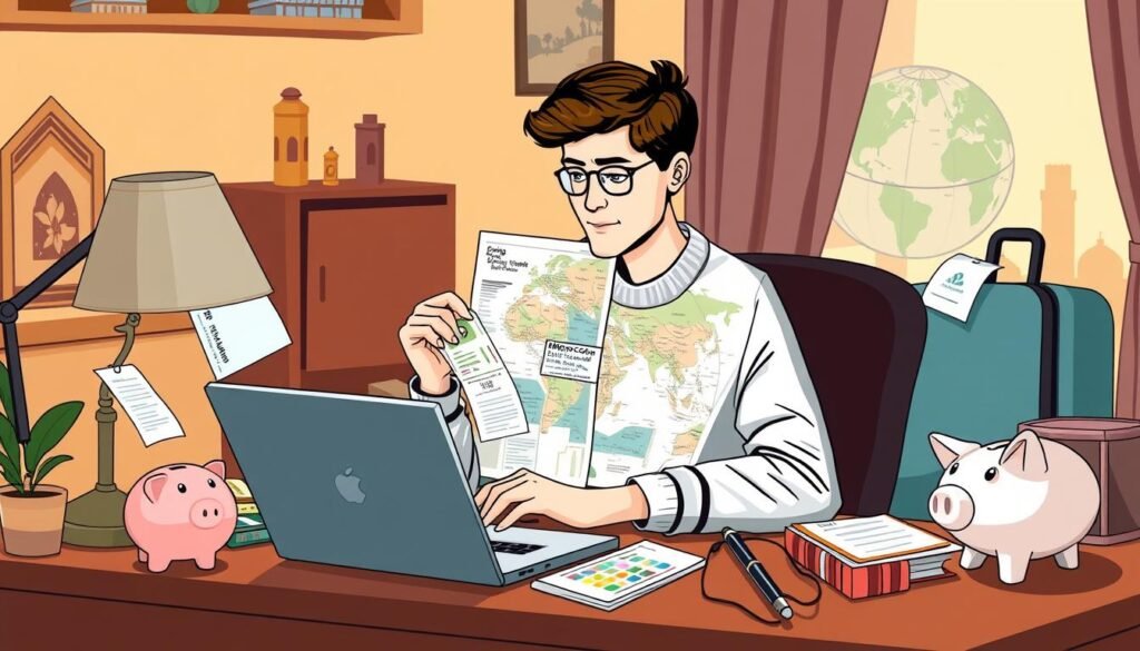 a detailed illustration of money-saving travel strategies, featuring a traveler meticulously planning a trip on a laptop, surrounded by airline tickets, luggage tags, maps, and a piggy bank. The scene is set in a cozy, well-lit home office, with warm lighting and a wooden desk. The traveler has a thoughtful expression, showcasing the process of researching budget-friendly accommodations, transportation options, and local attractions. The background subtly incorporates elements of Moroccan architecture, hinting at the destination. The overall mood is one of deliberation and resourcefulness, capturing the essence of insider tips and money-saving strategies for exploring Morocco.