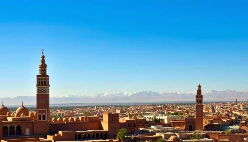 a sweeping vista of Morocco's iconic architectural landmarks, captured in a rich, vibrant color palette. In the foreground, the majestic silhouette of the Koutoubia Mosque towers against a clear blue sky, its ornate minaret casting long shadows. The middle ground features the ornate facades of the Bahia Palace, the intricate tilework and arched entryways shimmering in the warm afternoon light. In the background, the ancient medina of Marrakech unfolds, a labyrinth of narrow alleys and bustling souks, with the snow-capped Atlas Mountains rising majestically in the distance. The scene exudes a timeless, historic atmosphere, inviting the viewer to immerse themselves in Morocco's captivating cultural heritage.