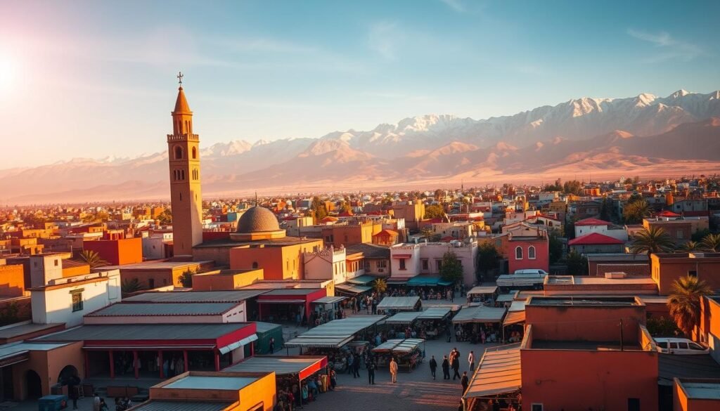 a vibrant aerial view of a Moroccan city skyline, with the iconic minaret of a mosque rising prominently in the foreground, surrounded by a cluster of colorful traditional buildings. In the middle ground, a bustling marketplace with vendors selling an array of goods, while in the background, the snow-capped peaks of the Atlas Mountains loom majestically. The scene is bathed in warm, golden sunlight, casting long shadows across the scene and creating a serene, inviting atmosphere. The overall composition conveys a sense of the vibrant, culturally rich destination that is Morocco, enticing the viewer to explore it through affordable flights.