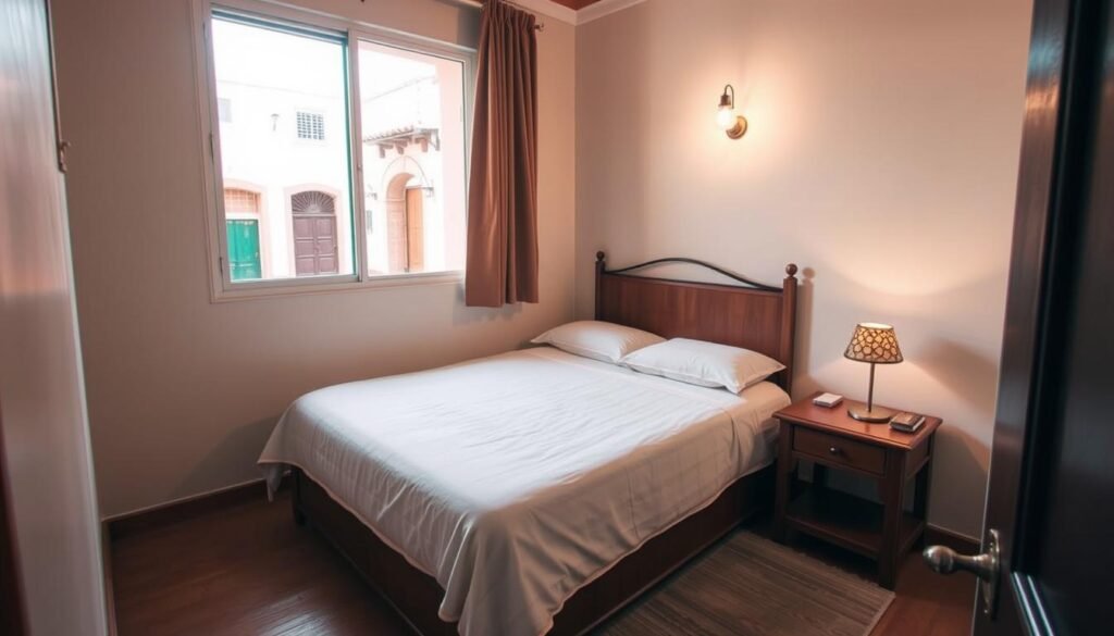 an intimate, cozy hotel room with warm lighting and a welcoming atmosphere, showcasing a comfortable double bed with soft, plush bedding, a nightstand with a reading lamp, and a window overlooking a charming Moroccan street scene with traditional architecture and vibrant colors, creating a peaceful, budget-friendly oasis for travelers seeking an authentic and affordable accommodation experience in Morocco